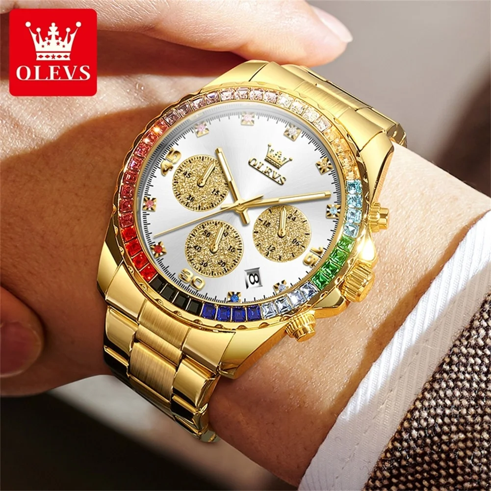 OLEVS Colorful Diamond Men Watch Multi functional Stainless Steel Waterproof Timing Code Luxury Original Brand Men Quartz Watch