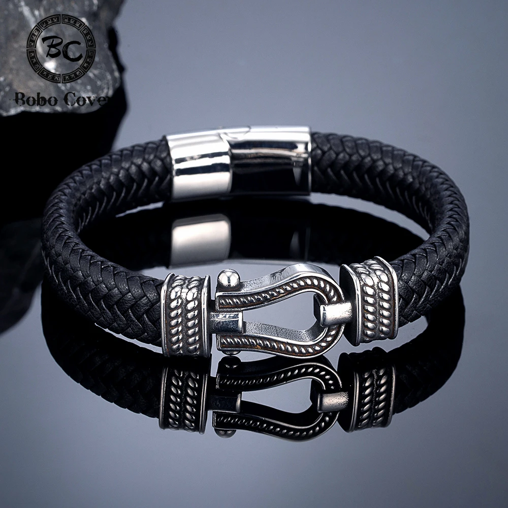 Vintage Geflochtenes Lederarmband für Herren Edelstahl Hufeisen U-Form Magnetverschluss Armreif Handgefertigter Modeschmuck Geschenk
