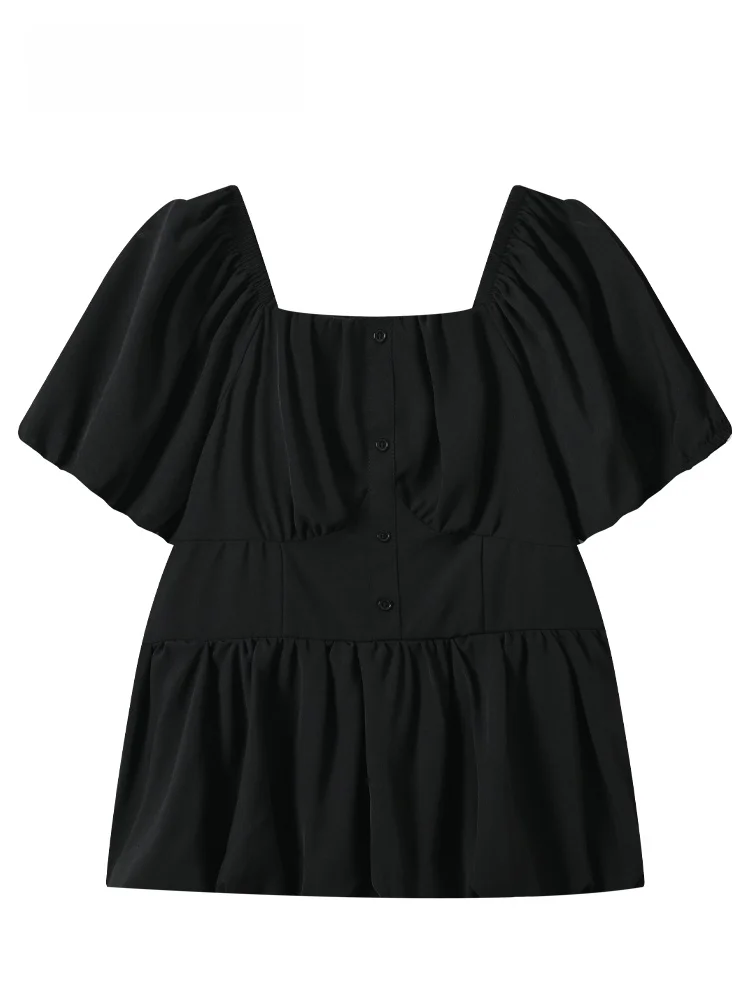 Summer New Style Women's Bubble Sleeve Shirt Square Collar Short Sleeve Doll Clothes plus Size Fashion French Style Breathabl...