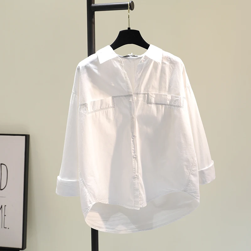 

Свободный женский хлопковый топ Pure White Oversized Fem Top Осень-Весна Faion Commute Sle Long Sve V-Ne на пуговицах