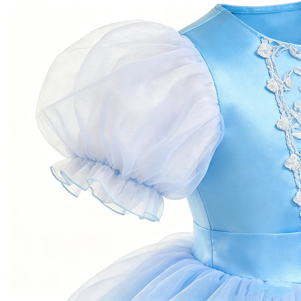 Märchenhaftes Glasstieferl-Kleid für Kinder, Cinderella Geburtstagskleid, Sommerliches Spitzenprinzessinnenkleid mit Puffrock für Halloween, Karneval, Party und Cosplay – Detail 8