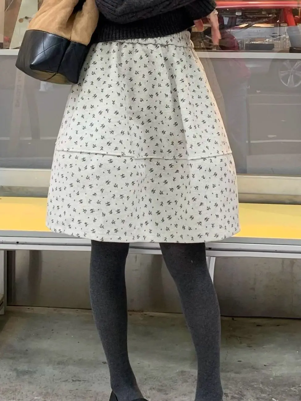 Retro Korean Style Floral Short Skirt Women's Autumn Winter Grey Bloom A-Line Puffy Umbrella Skirt High Waist Polyester Fiber
