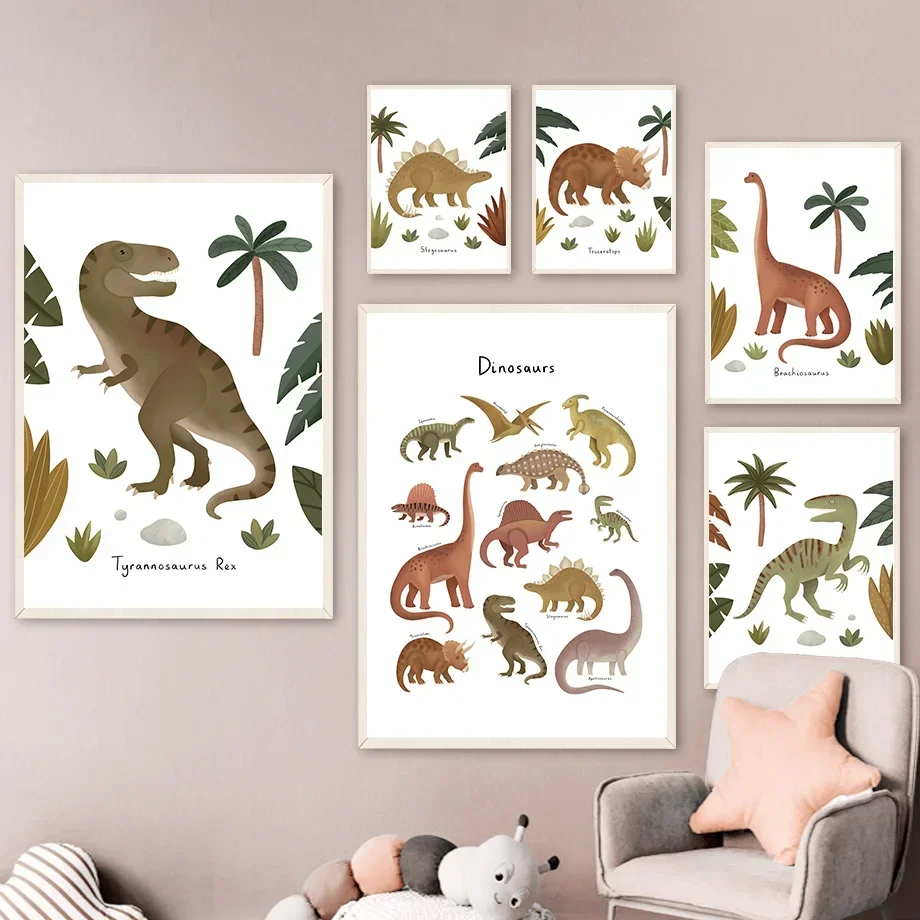 Dinosaurier Tyrannosaurus Rex Triceratops Baum Cartoon Wandkunst Leinwand Malerei Poster und Drucke Wandbilder Kinderzimmer Dekor