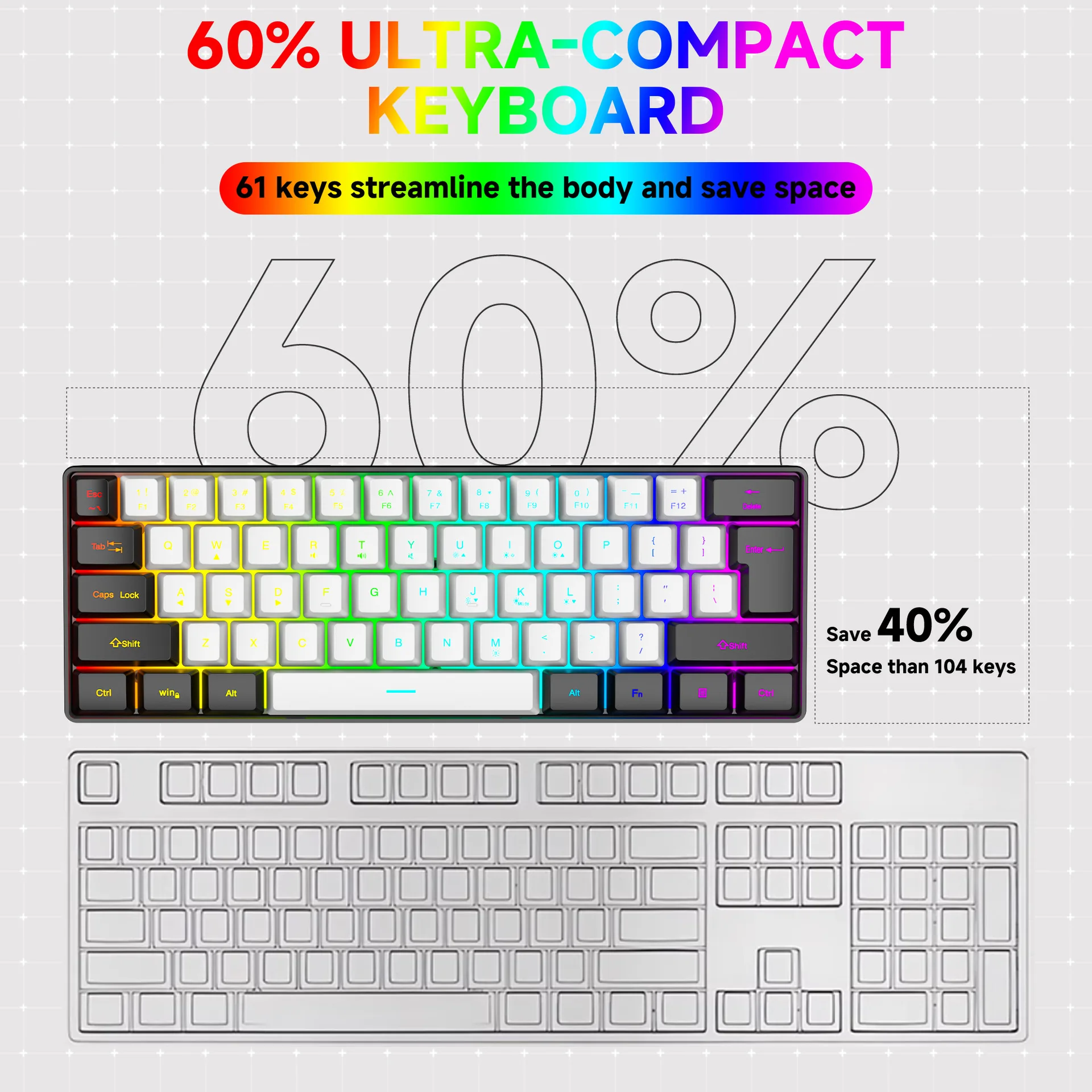 Portable Wired Mini Game Keyboard Mini Keyboard Wired 61 Keys Phantom RGB,Black White Red Red/Blue Switch For Game And Office