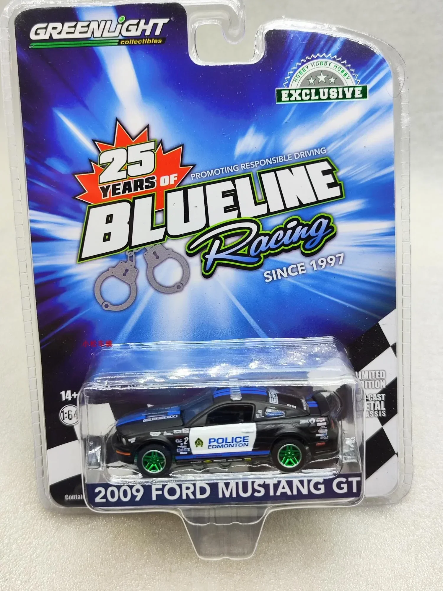GreenLight 1:64 2009 Mustang GT - Blue Line Racing 25 Year Green Edition Alloy car model collection gift ornaments
