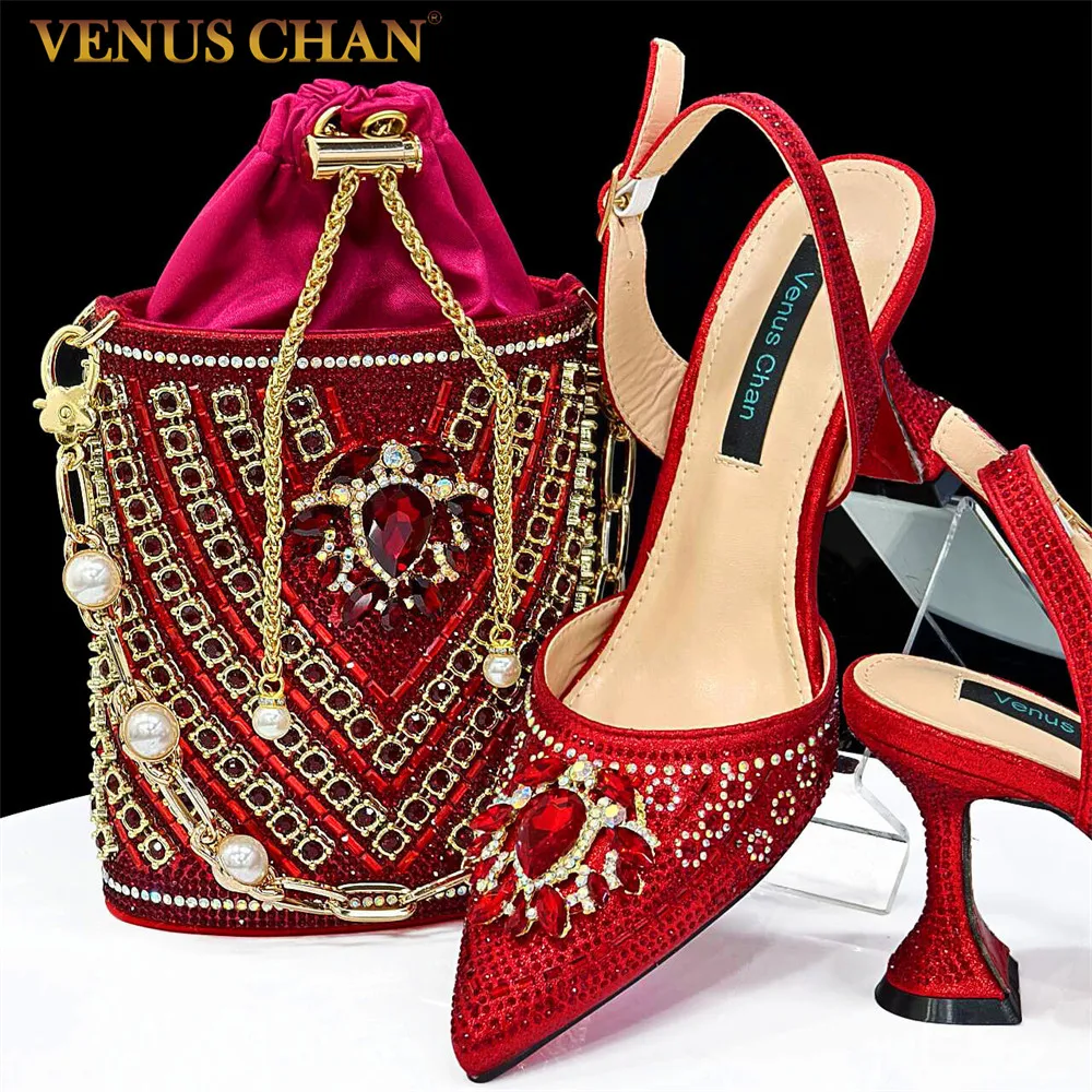 Venus Chan Women Wine Color Shoes and Bag Set Rhinestone Handbag Italian Design Wedding INS 2024 Nigerian Heel Party