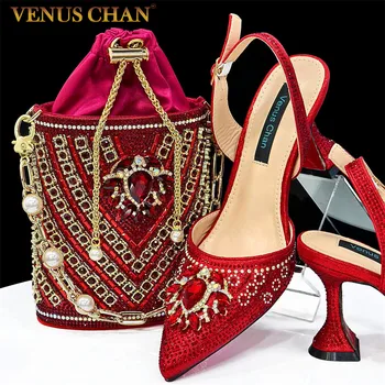 Venus Chan-Nigerianischer Absatz, Party für Damen, rote Farbe, Schuhe und Taschen-Set, Strass-Handtasche, italienisches Design, Hochzeit, INS 2024