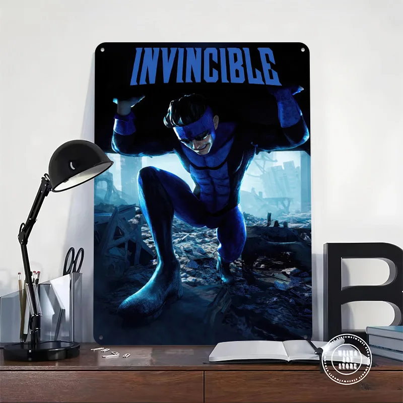 Invincible Superhero in Ruined City Poster Customized Vintage Metal Signs Wall Art Retro Tin Plaque for Decoration Aesthetic