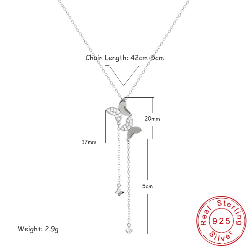 925 Sterling Silver Elegant Double Butterfly Zircon Long Pendant Necklace T Shirt Sweater Chain For Women Fashion Jewelry Gift