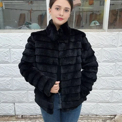 Fancy Rani Rex Rabbit Real Fur Coat Women Winter Jacket Real Leather And Fur Clothing Female Outerwears With 2024 Black Cold