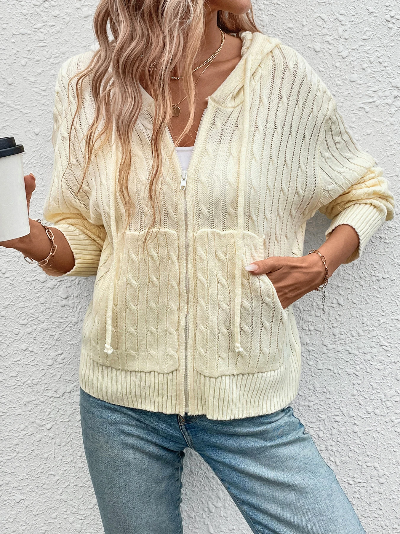

Women's Light Yellow Hooded Zipper Front Cable Knit Cardigan Long Sleeve Autumn Winter Casual Loose Fit Outerwear