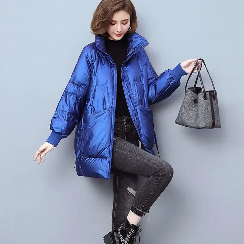 Women's Korean Fashion Long Down Cotton Coat, Loose Thin Warm Quilted Jacket, Female Stand Collar Parker Overcoat, Blue, New, Wi