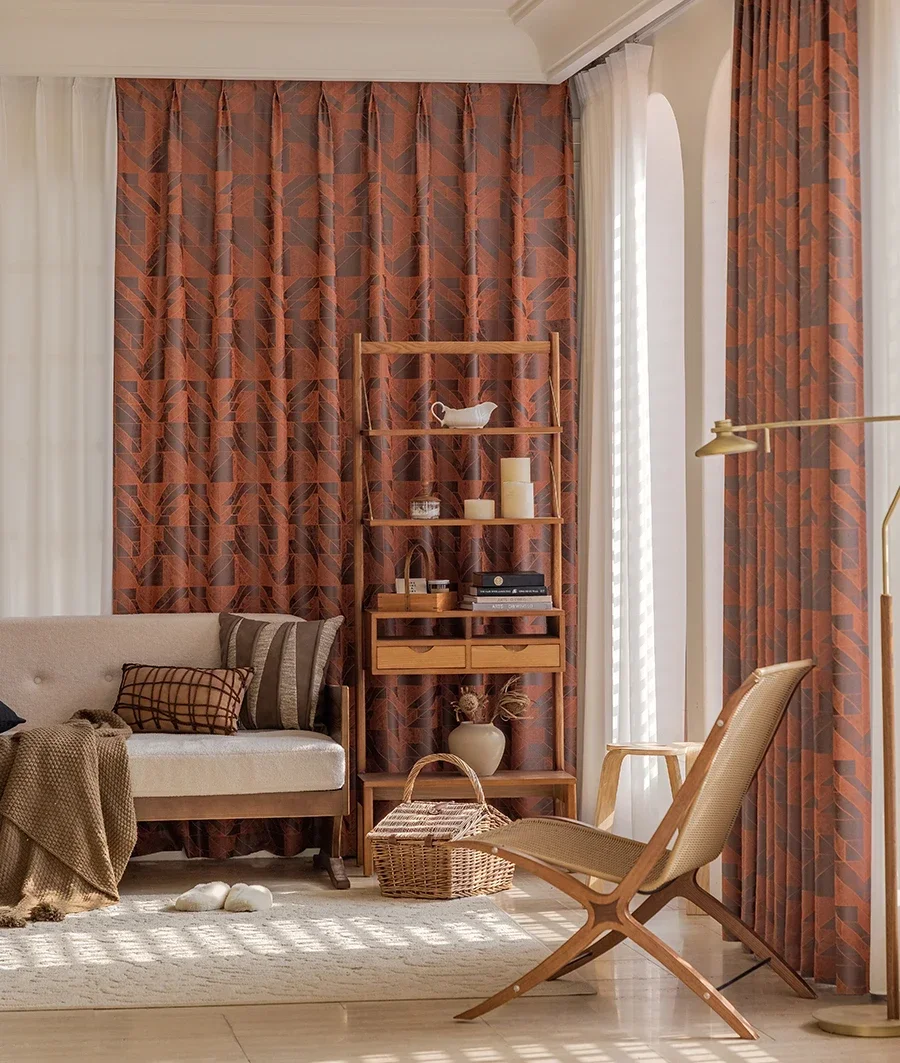 

Vintage Rust Red Irregular Jacquard Thickened Blackout Sound Insulation Curtains for Living Room Bedroom French Window Balcony