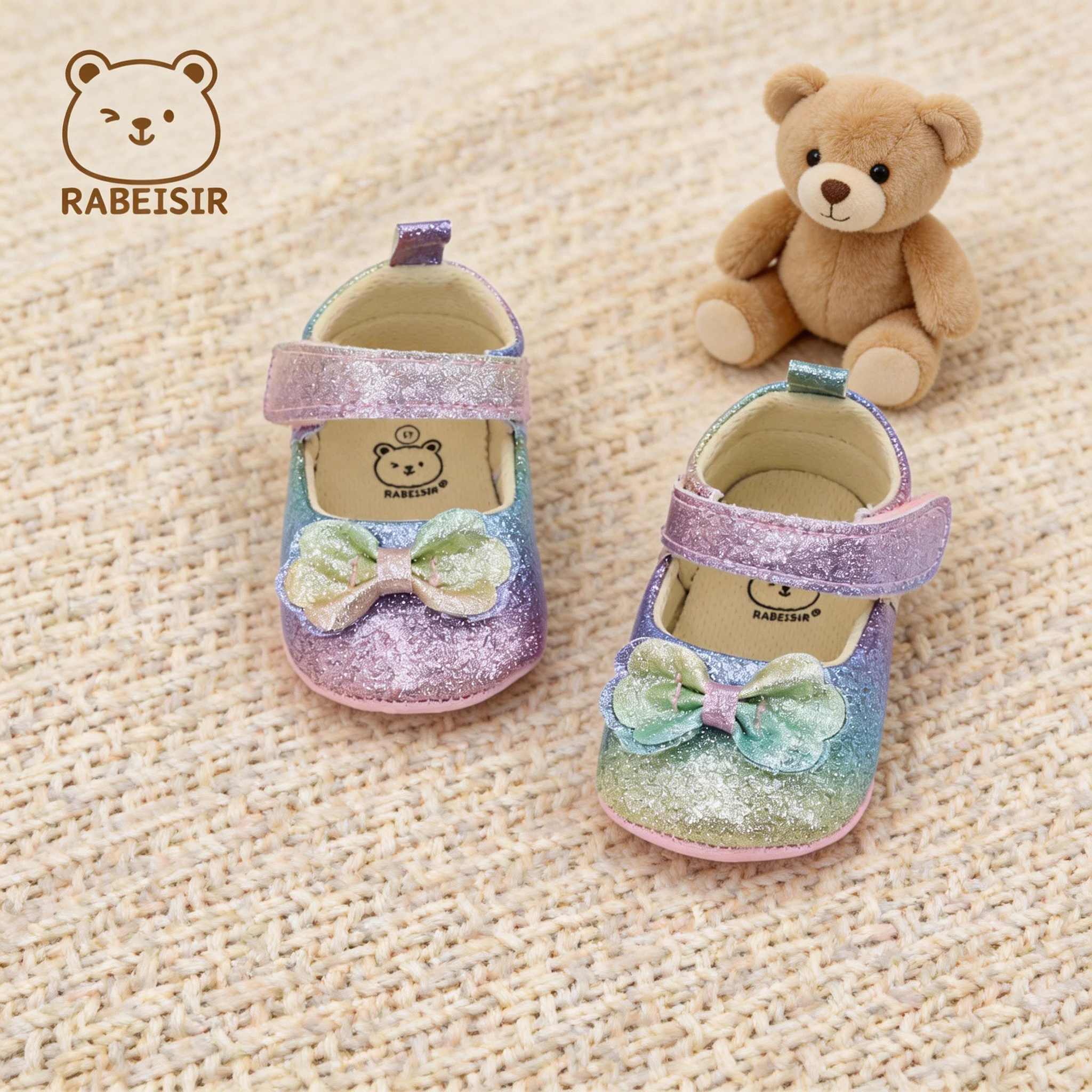 0-18 Months Baby Girl Mary Jane Shoes with Rainbow Gradient Bow Decoration, Soft Sole, Velcro Casual Walking Shoes