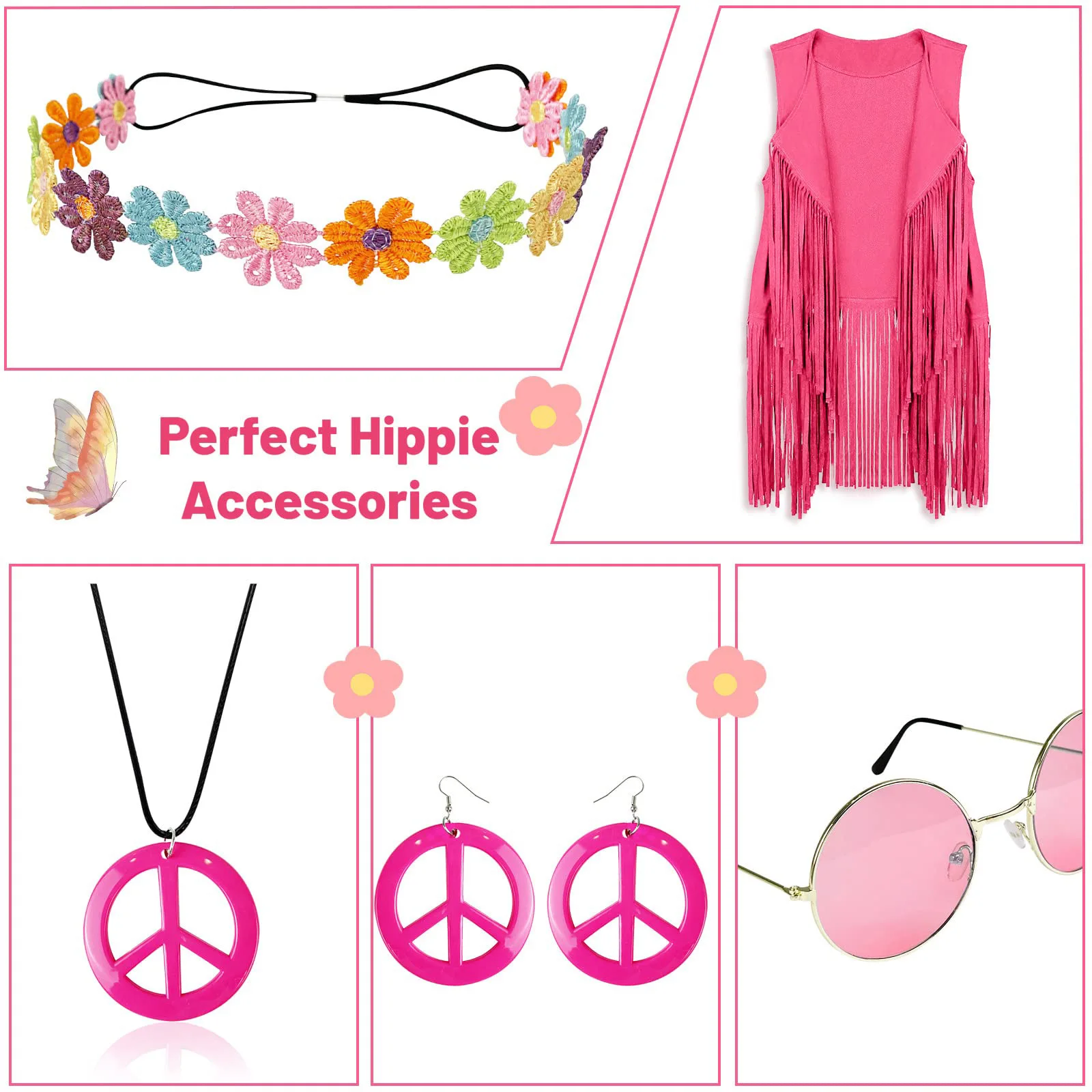 Disco Fashion Dress Sets Woman Holiday Party Hippie Accessories Female Fringe Coat Hip Hop Eyewear Earrings Cosplay Costume