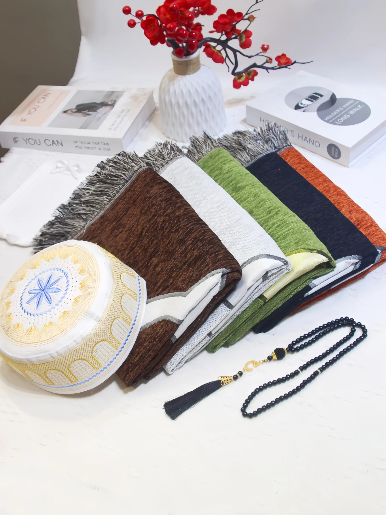 Deluxe Gift Set of Three Prayer Items: Chenille Arch Printed Prayer Mat, Doorway Cap, Imitation Pearl Prayer Beads Complete Kit