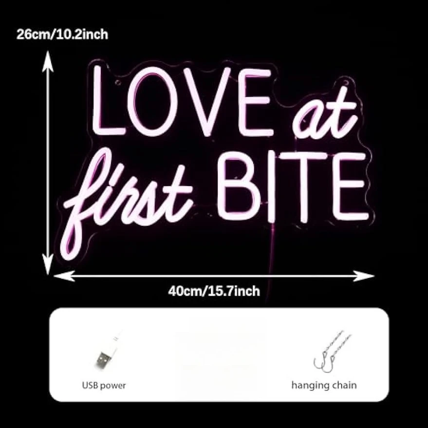 LOVE At First BITE Neon Sign LED Wall Art for Bedroom Dining Room Bar Cafe Decor Romantic Sweet Love Quote  Anniversary Gift