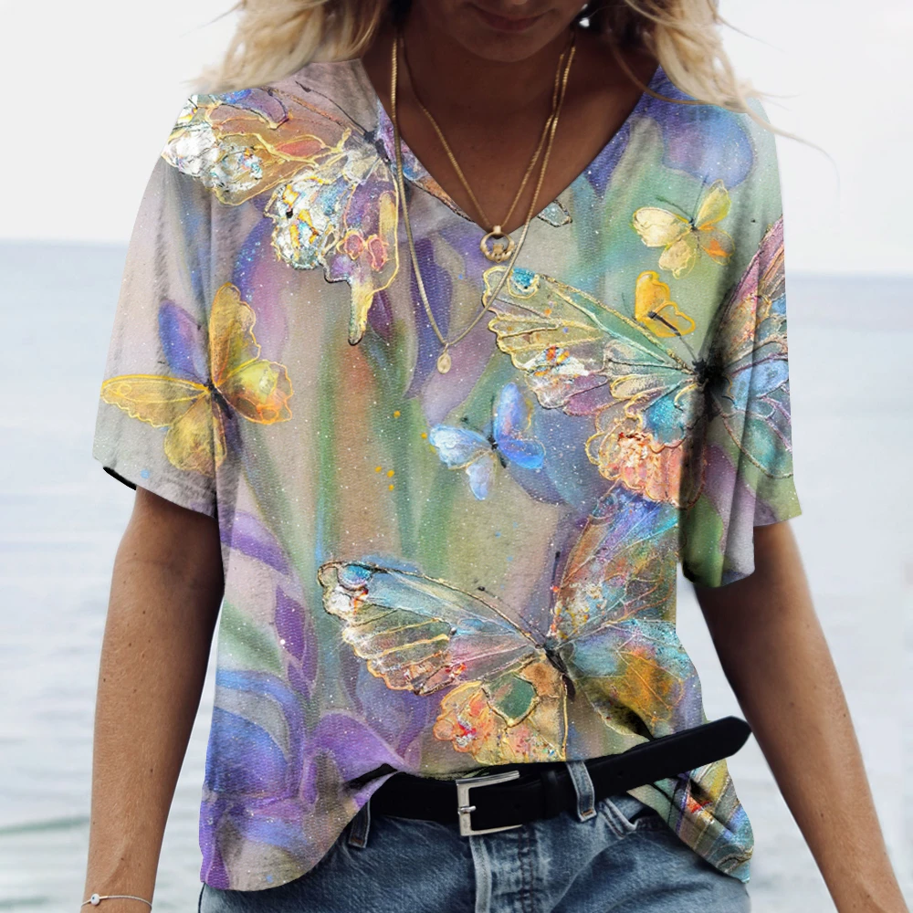 2023 Summer Butterfly Animal Pattern 3d Abstract Painting Women's V-neck T-shirt Loose Casual Street Multi-color Top For Girls