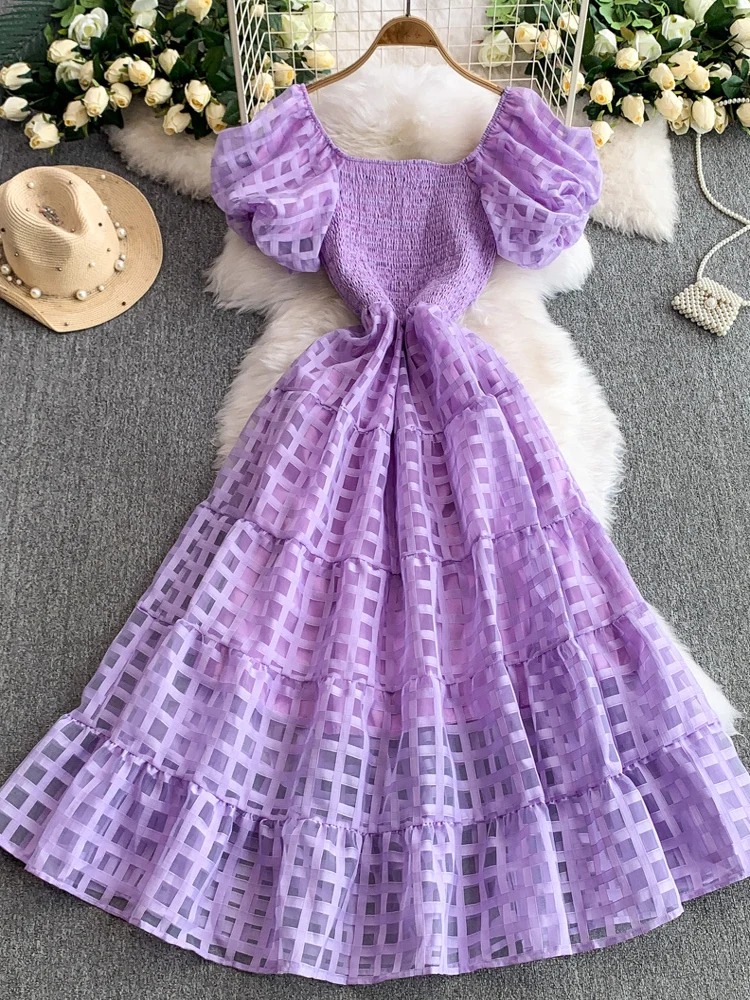 Vestido Estilo Princesa com Mangas Bufantes Verão Novo Cintura Alta Efeito Emaecimento Vestido Midi em A Estilo Coreano