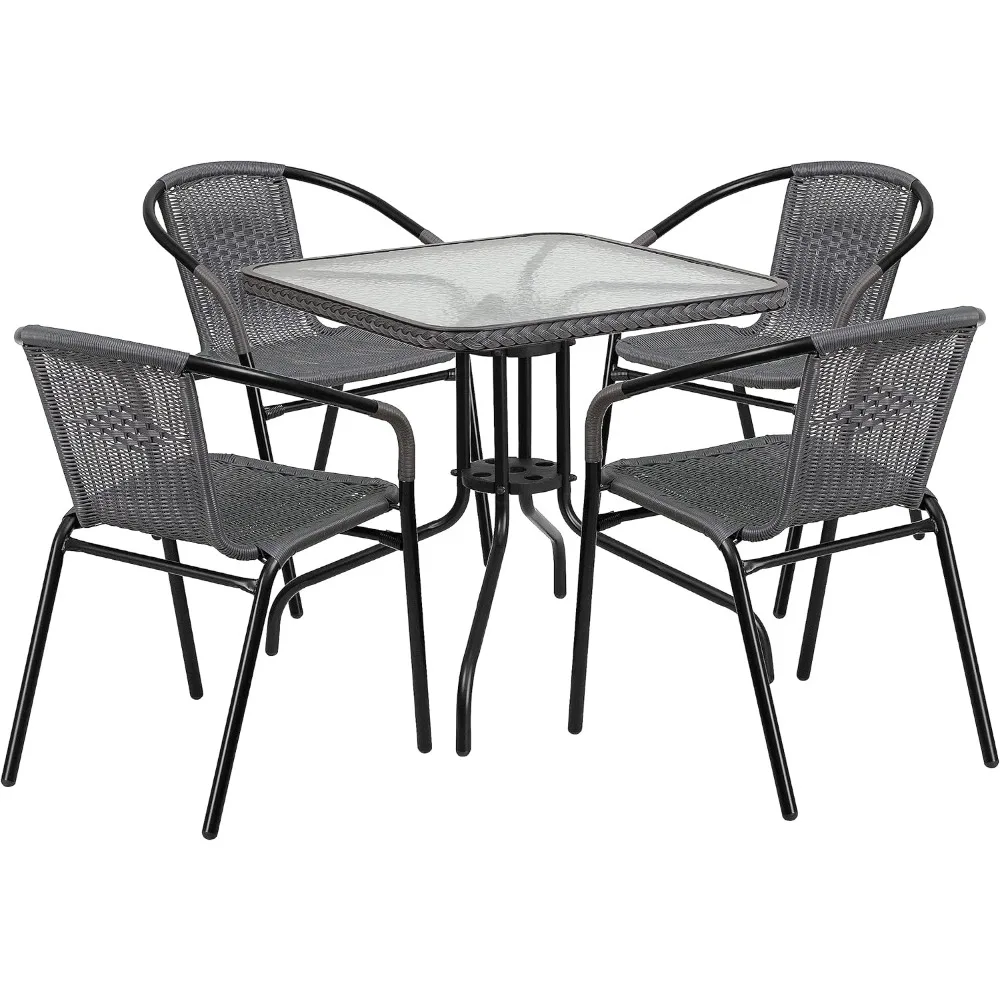 Coffee Table, 5-piece Set 28 Inches, Glass Metal Small Dining Table and 4 Stacked Rattan Chairs, Terrace Table and Chairs