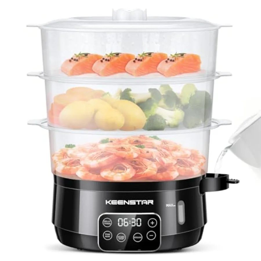 

13.7QT Electric Food Steamer for Cooking Vegetables with 3 Tiers BPA-Free Baskets Digital Steamer with Timer 800W Fast Cooking