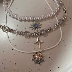 Stainless Steel Necklaces Vintage Sun Totem Pendant Clavicle Chain Fashion Imitation Pearl Necklace For Women Jewelry Trend Gift