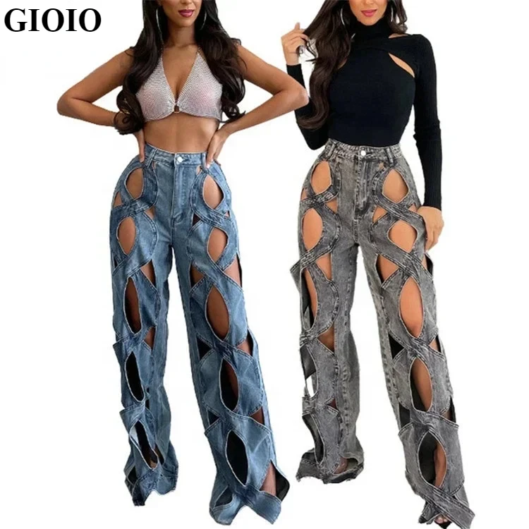 GIOIO Women's Jeans Y2k Style Hollow Out Denim Pant High Waisted Zipper Summer Fall Female Trousers