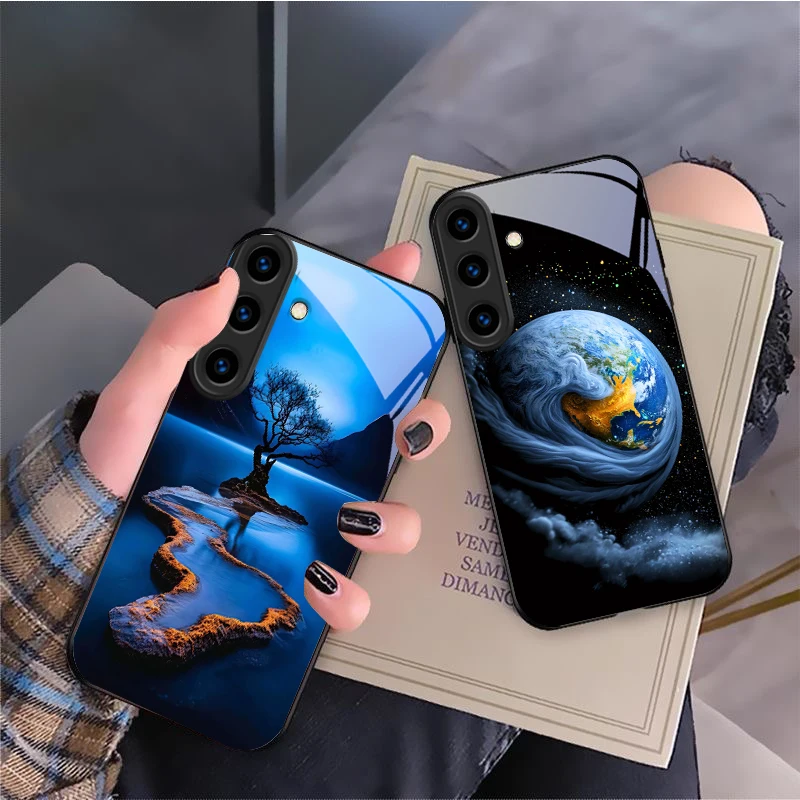 Warm orange halo tree For Samsung Galaxy S24 FE S23 S22 S21 S20 Plus S26 Ultra S25 Edge S25+ S24+ 22+ Black Glass Phone Case view 3