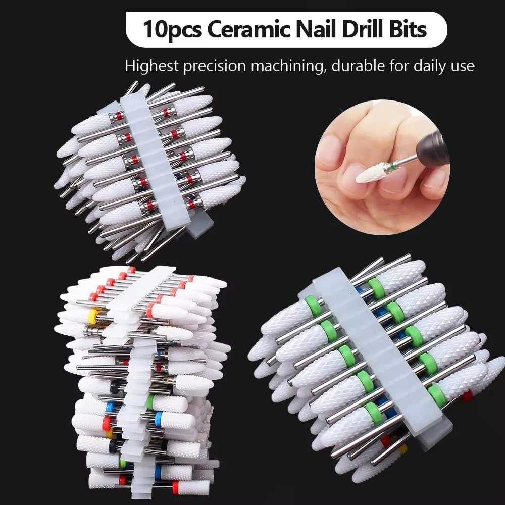 10 Pcs 3/32 Ceramic Nail Drill Bits, Professional & Durable, For Removing Gel Nails, Cleaning Cuticles, Ideal for Manicures