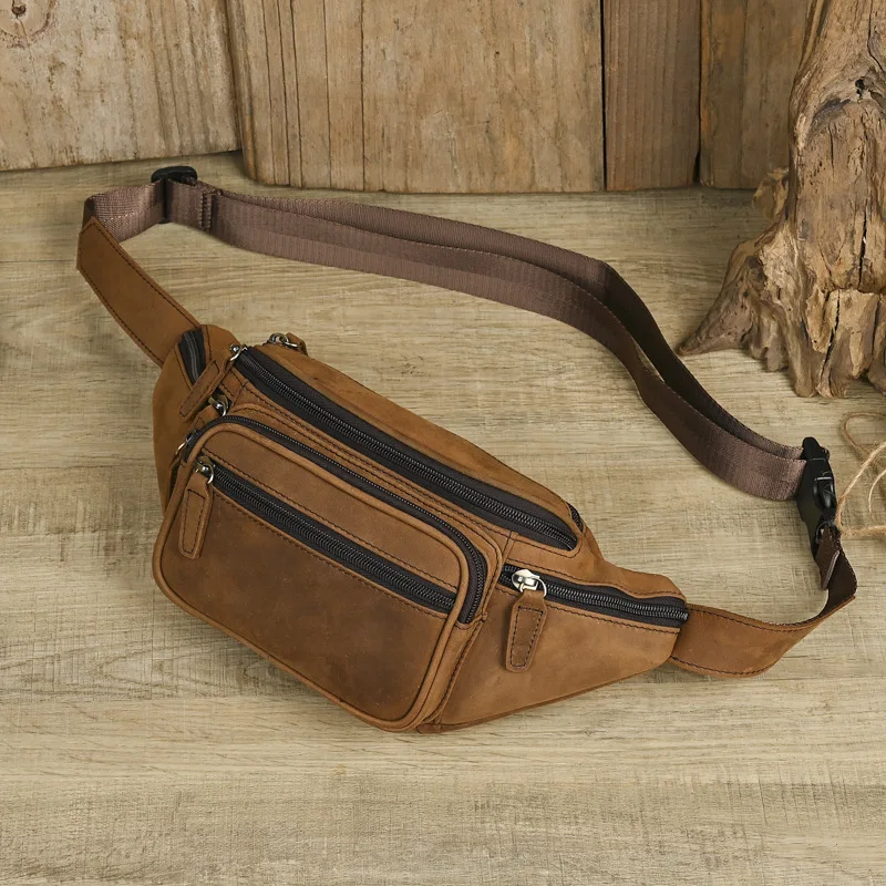 LD-Crazy Horse Skin Men's Baotou Layer Leather Waist Bag Multi Functional Sports and Leisure Crossbody Bag