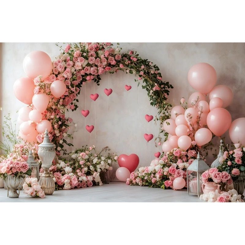 Globos de corazón de amor rojo, fondo de fotografía del Día de San Valentín, rosa, telón de fondo para fiesta de boda, retrato de amante, pancarta Photozone