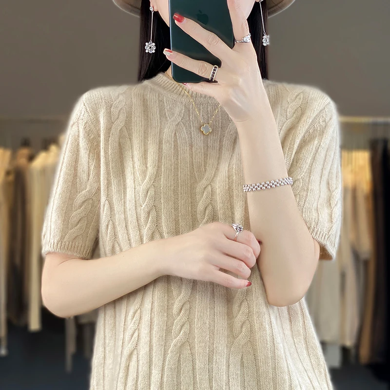 

Autumn And Winter Ladies 100% Pure Wool Short-Sleeved Women's Round Neck Twist Sweater Wool Loose Knit Bottoming Shirt