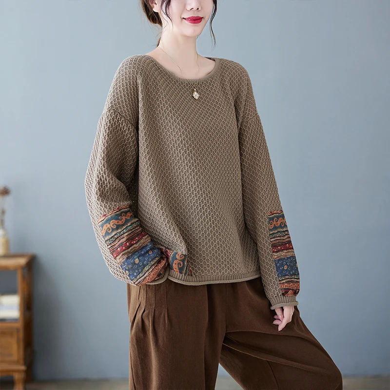 Retro Ethnic Patchwork Cotton Thread Thin Knitted Sweater Women's Loose Artistic round Neck Overhead Top for Autumn Winter