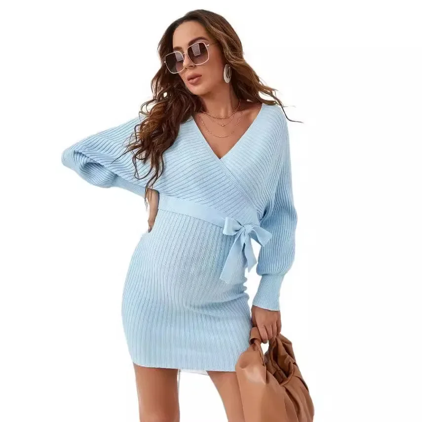 American Fashion Knitted Dress for Maternity Autumn Winter Sexy Hot V Neck Ties Slim Waist Min Sweaters Dress for Pregnant Women