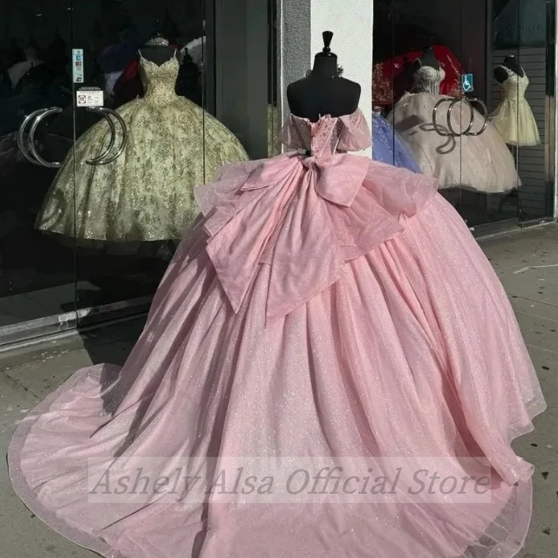 Custom Made Pink Shinny Prom Dresses Sweet 15 16 Year Girls Off Shoulder Beaded Vestido De xv Quinceanera Birthday Party Gown