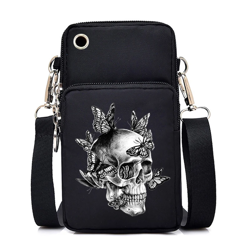 Skull Flowers Fashion Women Mobile Phone Bag for Iphone/huawei/xiaomi Universal Harajuku 90s Women Wrist Purse Messenger Bags