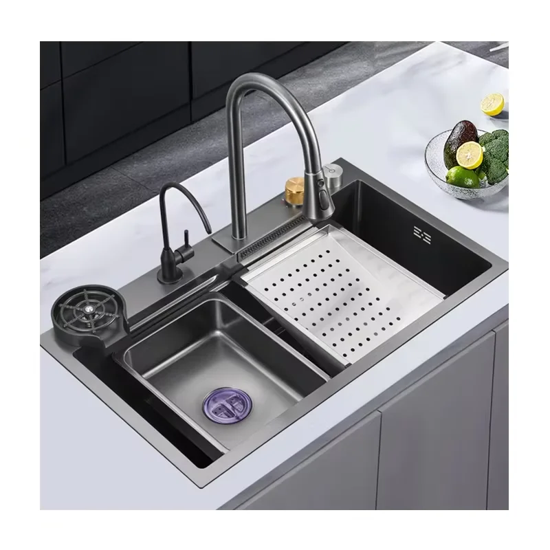 Handmade Stainless Steel Kitchen Undermount Sink Sanitary Ware Single Bowl Double Bowl Waterfall Faucet Nano Surface Treatment