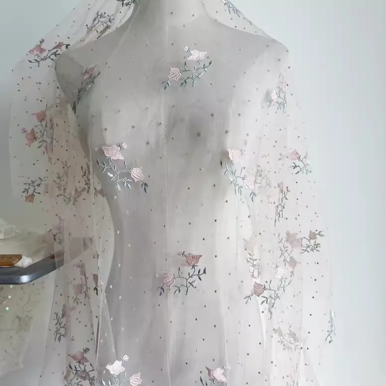 Apricot pink mesh flocking embroidery lace fabric orchid embroidery dress for women skirt doll dress material