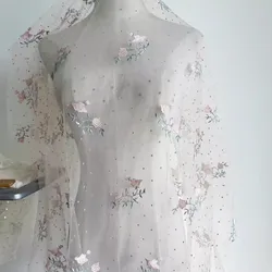 Apricot pink mesh flocking embroidery lace fabric orchid embroidery dress for women skirt doll dress material
