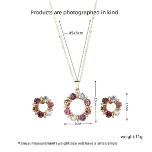 Gold necklace earrings for ladies, simple fashion style, exquisite stained glass diamond, circular jewelry, 3pcs 6 Main sales set of brightness - №3
