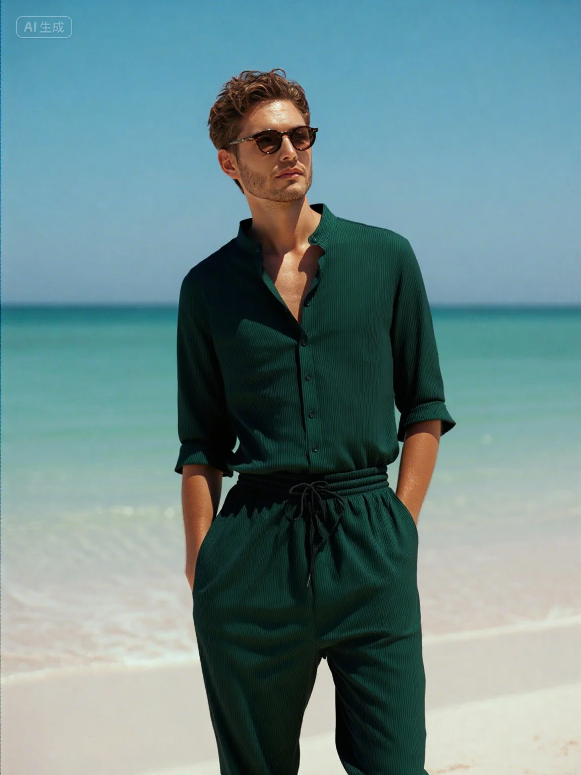 

Men's Summer Commuter Suit Solid-Color Textured Nano-Stripe Casual Shirt Short-Sleeve Shirt and Trousers Two-Piece Set