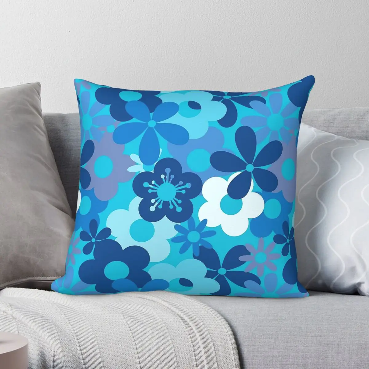 Cool Blues Flower Power Square Pillowcase Polyester Linen Velvet Creative Zip Decor Pillow Case Room Cushion Cover 18