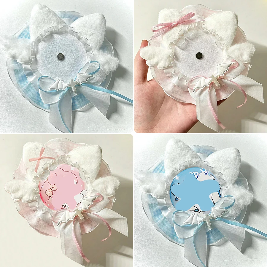 Cute and Sweet Plush Cat Ear Round Lace Badge Holder, Handmade Bowknot Anime Cartoon Character Merchandise, Celebrity Idol Support Badge, Badge Display Stand, Storage Decoration, Badge Holder, Back-To-School Season, Graduation Season, Halloween, Easter Holiday Gifts, Lolita Creative Small Items, Gumi Goods, Itabag, Itaboard, DIY Materials, Accessories, Badge Holder