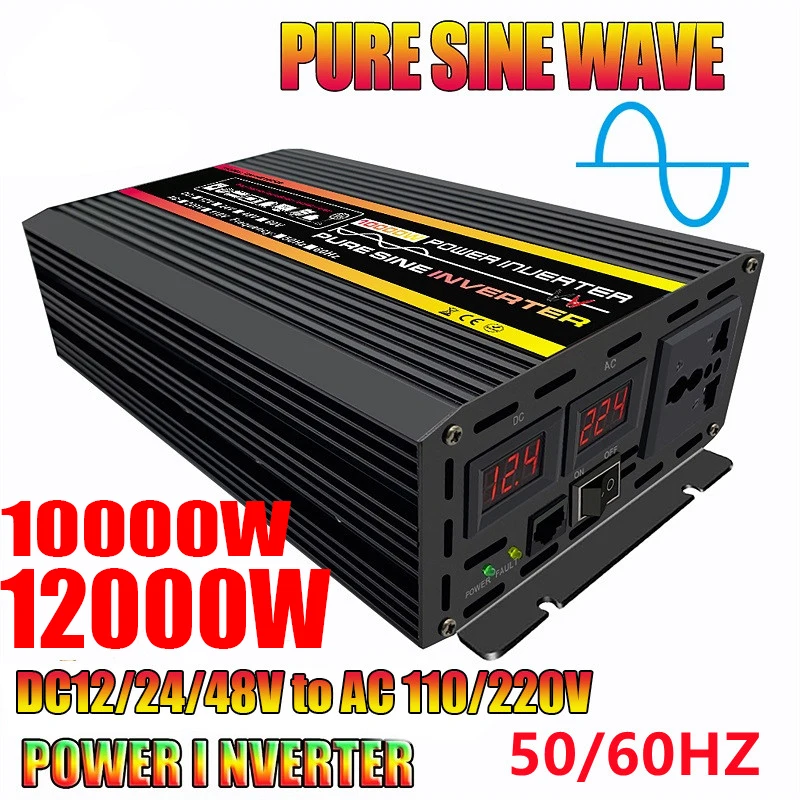 10000W/12000W LCD Display Solar Power Inverter 12V 24V to /220V Pure Sine Wave Voltage Transformer Car Home Charge Converter