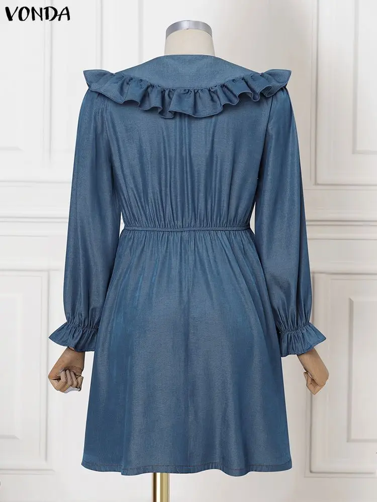 VONDA Fashion Shirt Dresses Women Long Sleeve Peter Pan Collar Elegant Party Vestidos Autumn Ruffled Casual Sundress Streetwear