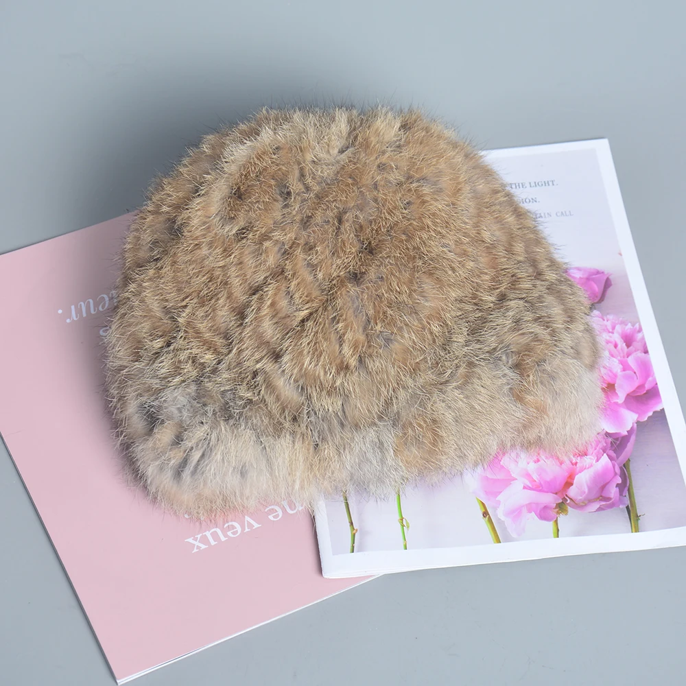 Russian Women Good Elastic Real Rabbit Fur Skully Hat Lady Winter Warm Knitted Genuine Rabbit Fur Hats Outdoor Fluffy Fur Caps