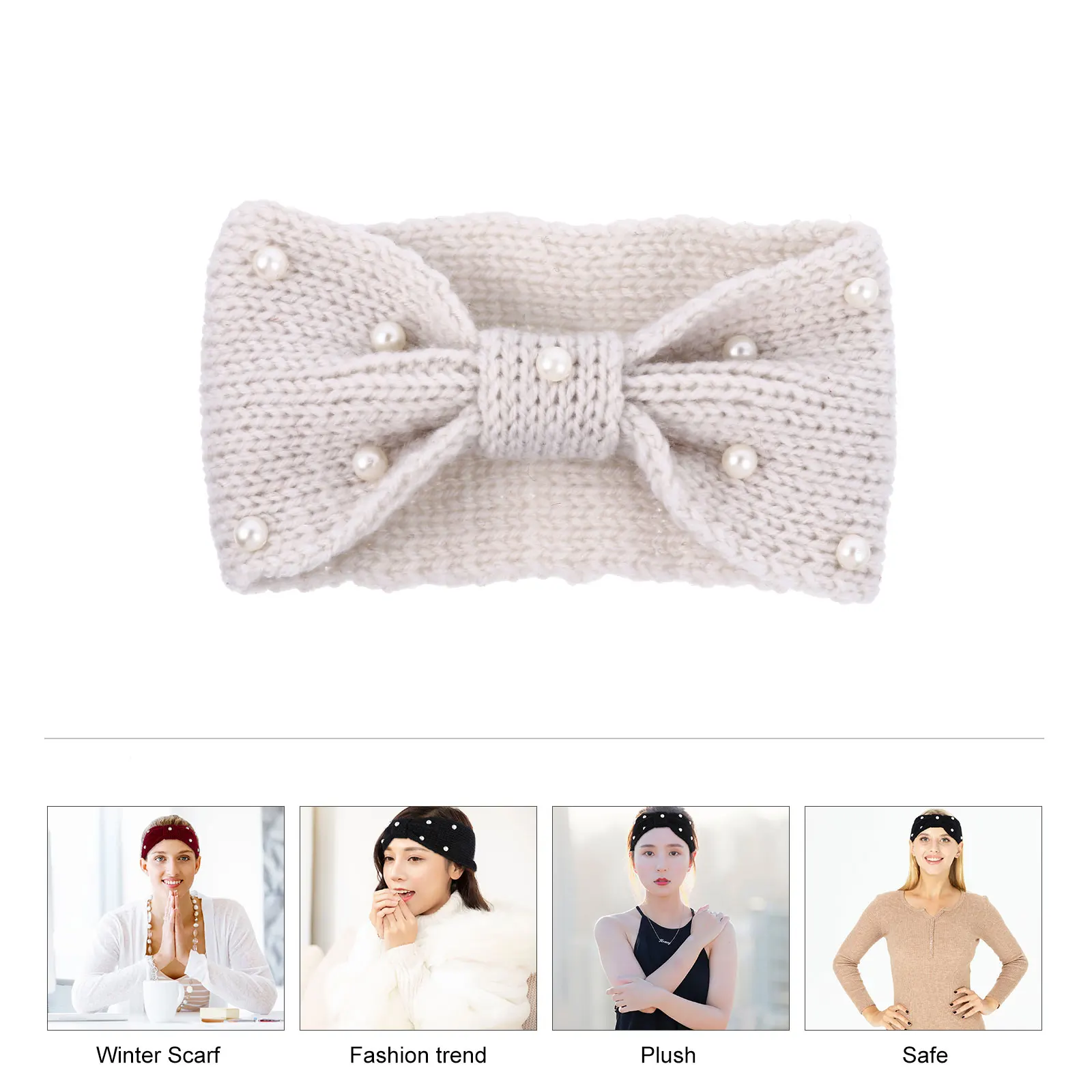 

4pcs Women Knitted Headbands Bowknot Pearl Hair Band Winter Ear Warmer -Friendly Hair Accessories Soft Winter Headwrap