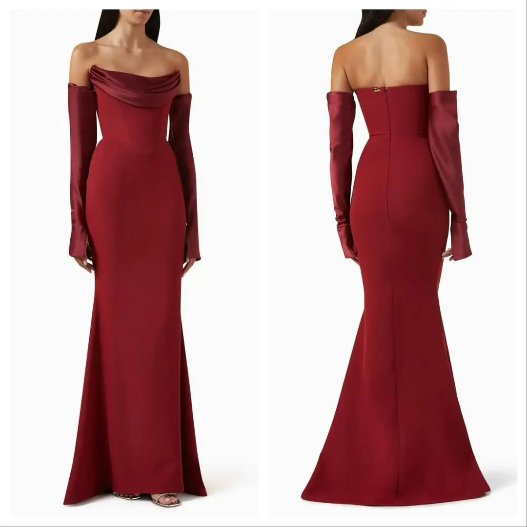 Scoggins Mermaid Strapless Floor-Length Zipper Up Long Sleeves Evening Dresses Vestidos De Festa Elegant Party Dresses For Women