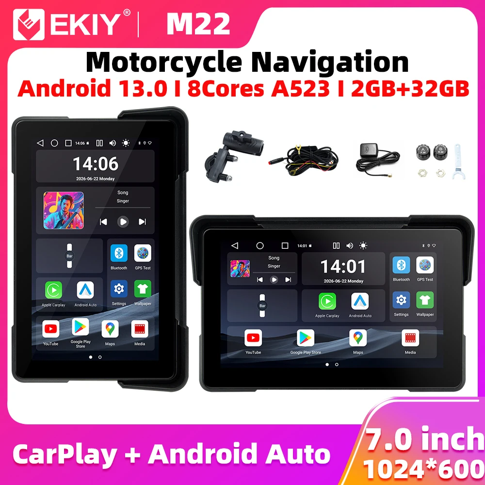 EKIY 7.0" Bezprzewodowy CarPlay Moto Android Auto Cyfrowa Tablica Rozdzielcza GPS Nawigacja Motocyklowa TPMS System Android 13.0 8 Rdzeni 2+32GB