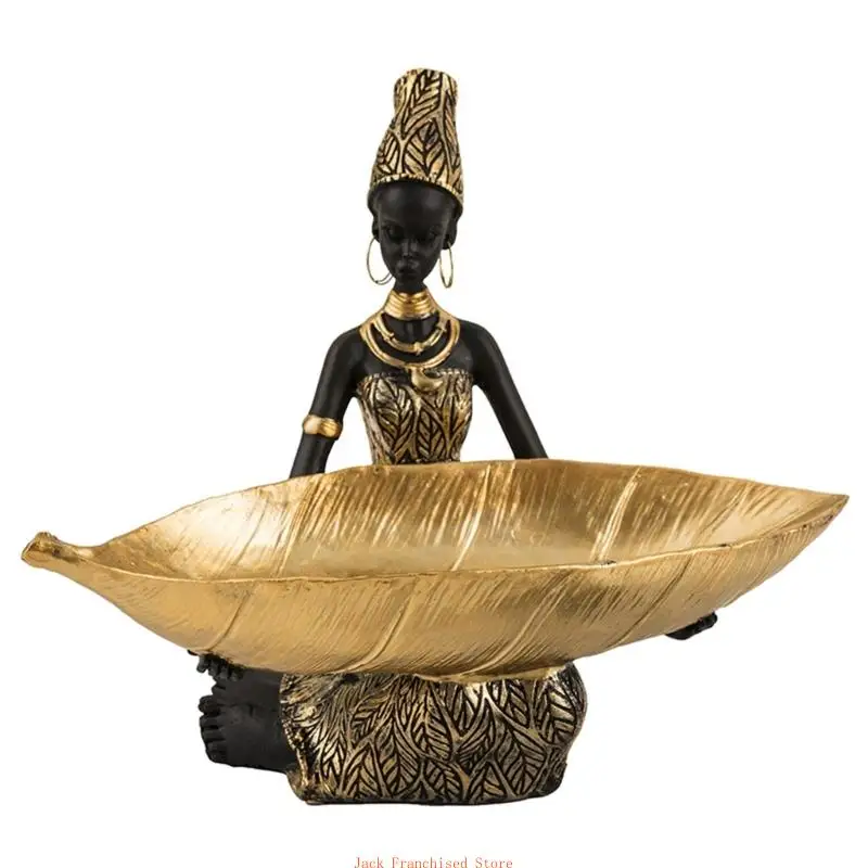 Tribal African Lady รูปปั้นบ้าน Decors เรซิ่นเดสก์ท็อป Figurine ถาด